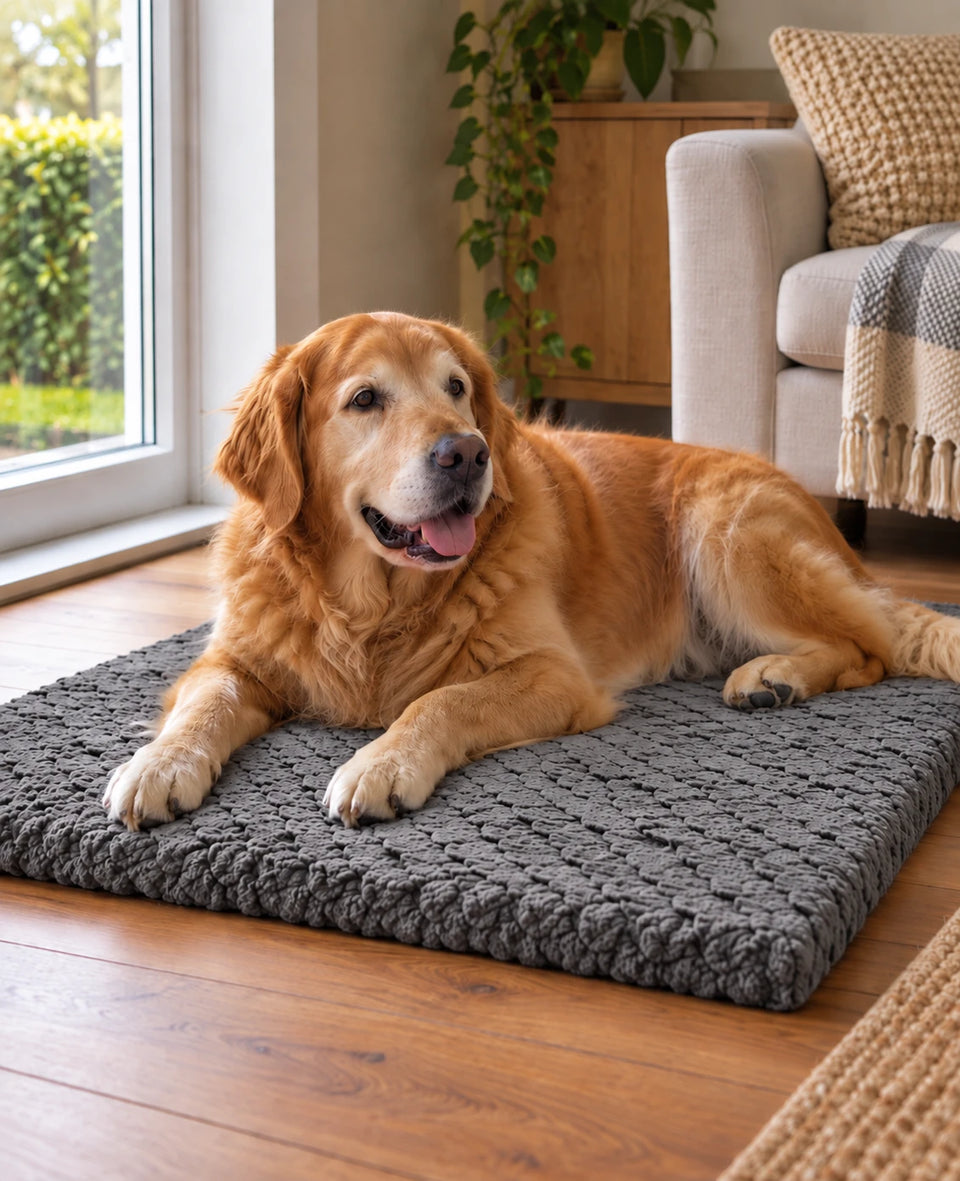 A golden retriever lying on the grey plush mat by a sunlit window
