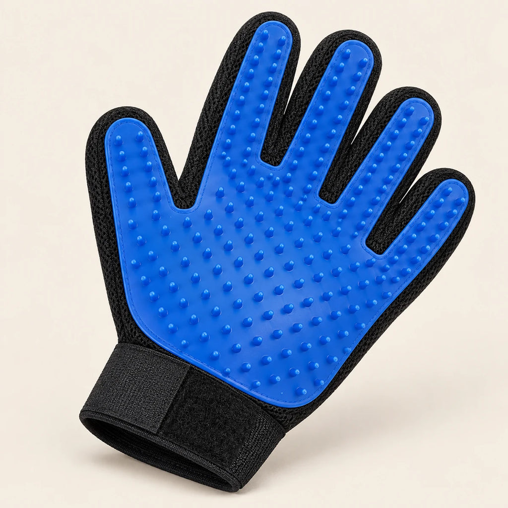 Blue silicone grooming glove with a black fabric back and wrist strap