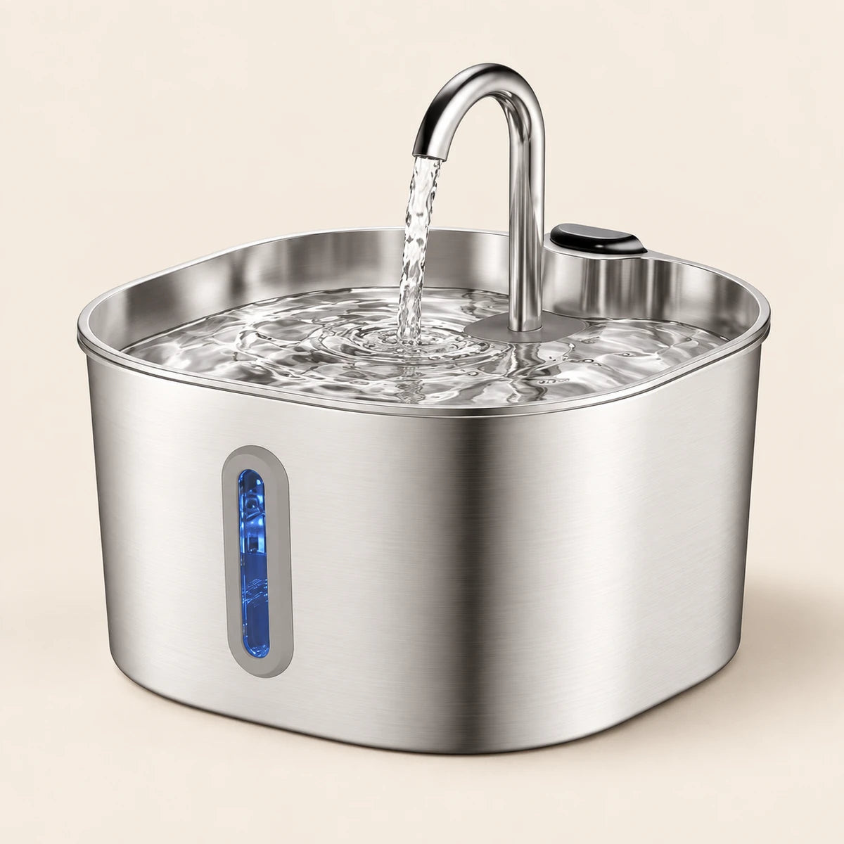 Stainless steel pet water fountain with a curved spout and blue front window