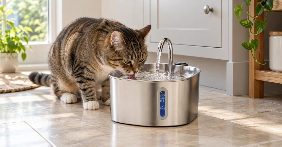 A tabby cat drinking from the stainless steel fountain in a bright kitchen