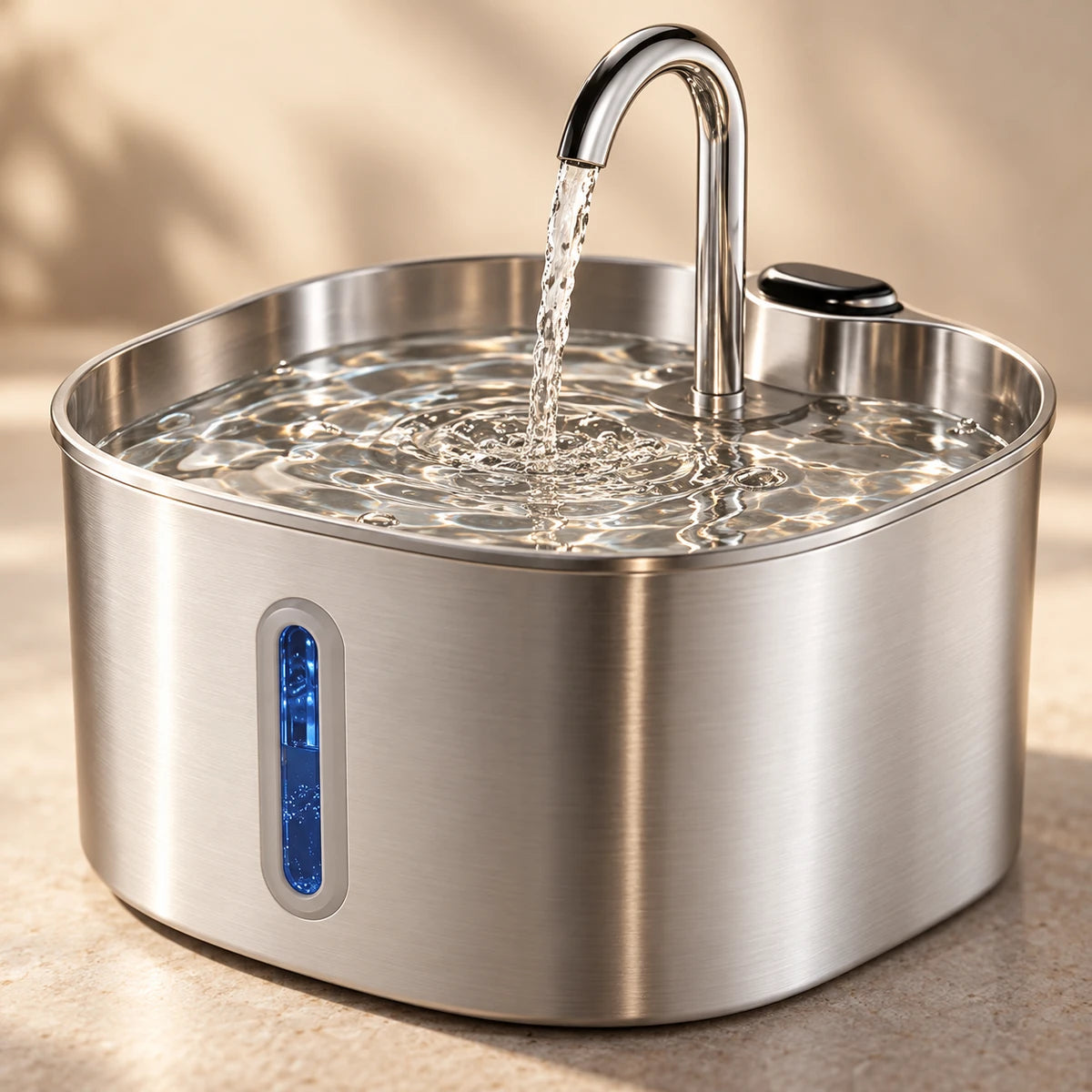 Close-up of water flowing from the curved spout into the stainless steel fountain