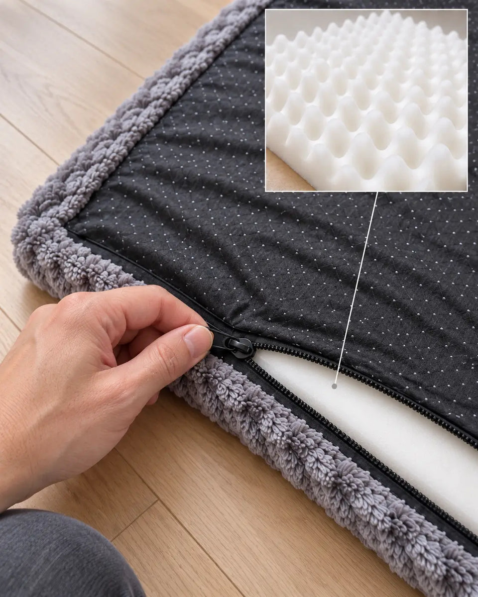 Close-up of the grey plush cover lifted to show the foam layer underneath