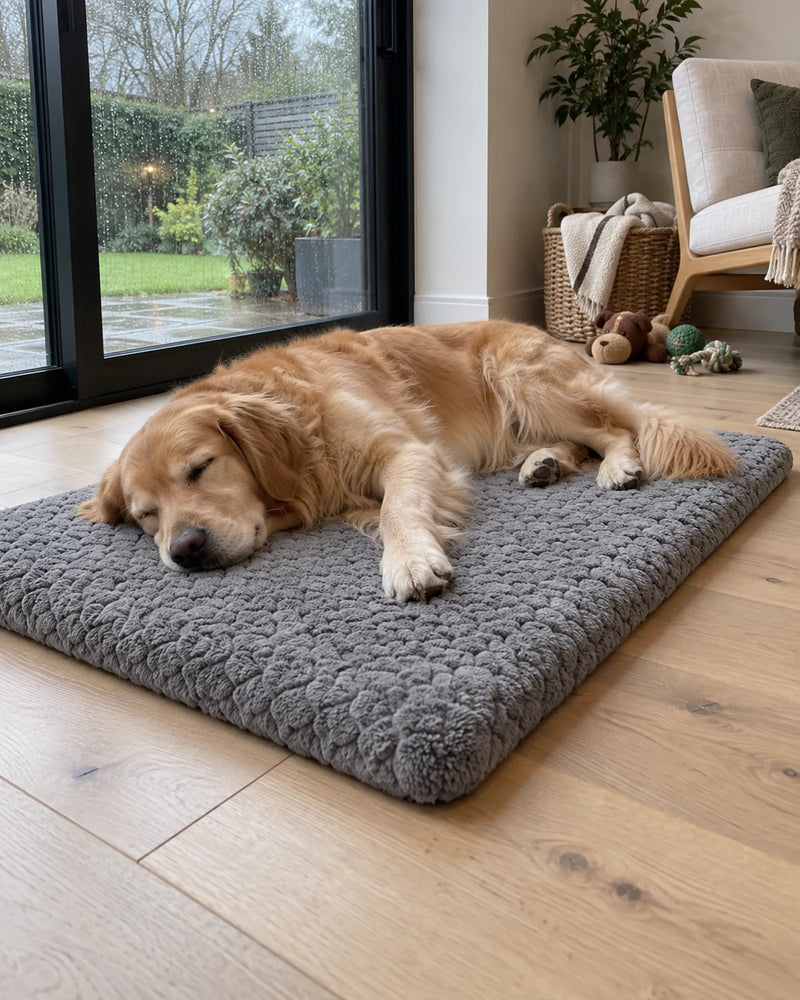 Golden retriever lying on the orthopaedic mat in a bright modern extension