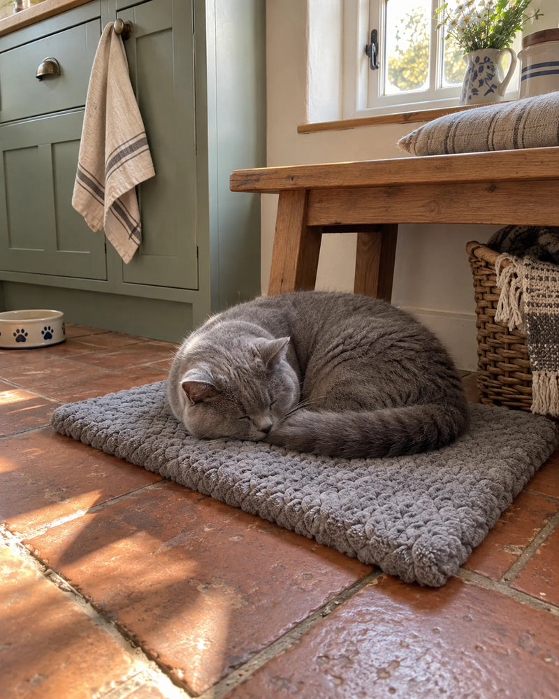 British shorthair cat on the mat in a cottage-style kitchen