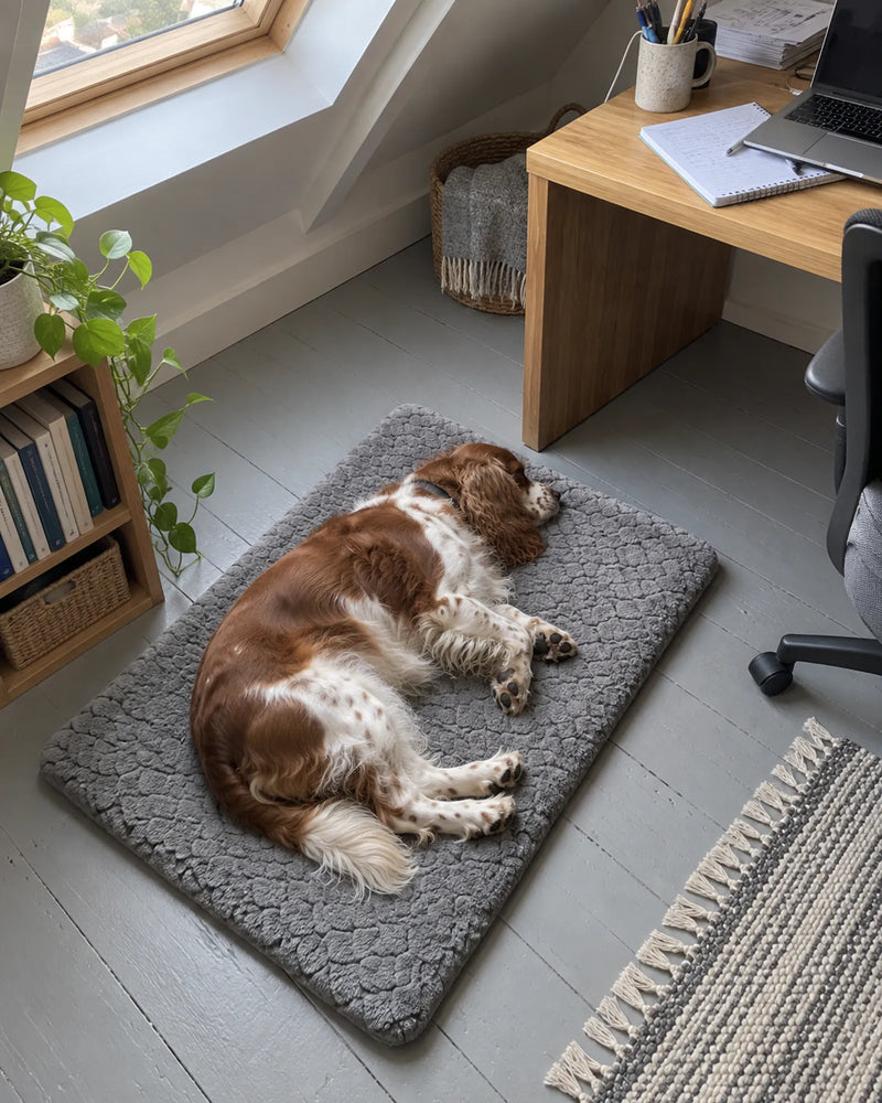 Cocker spaniel resting on the mat in a home office attic space