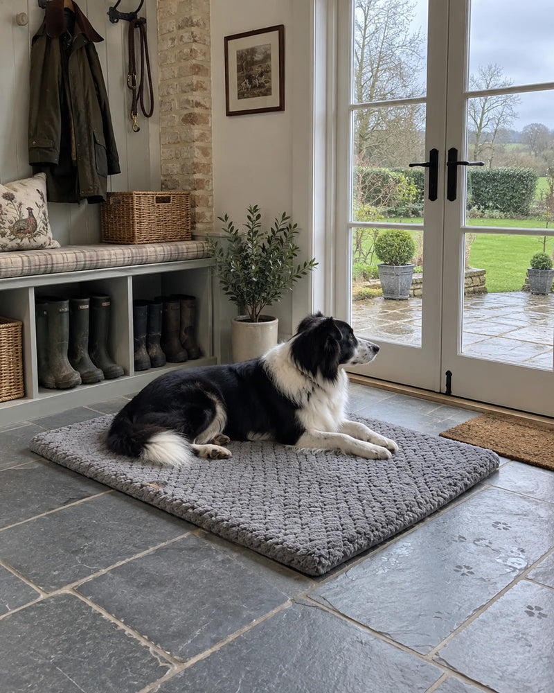 Border collie on the mat in a boot room