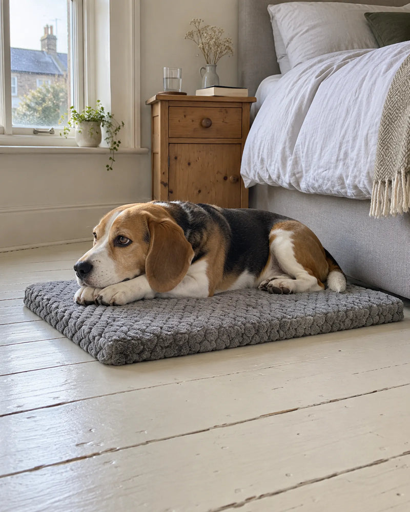 Beagle resting on the mat in a bedroom