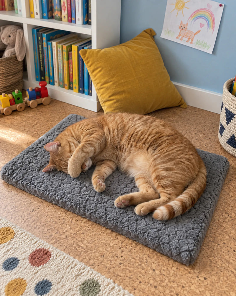 Cat on the mat in a reading room