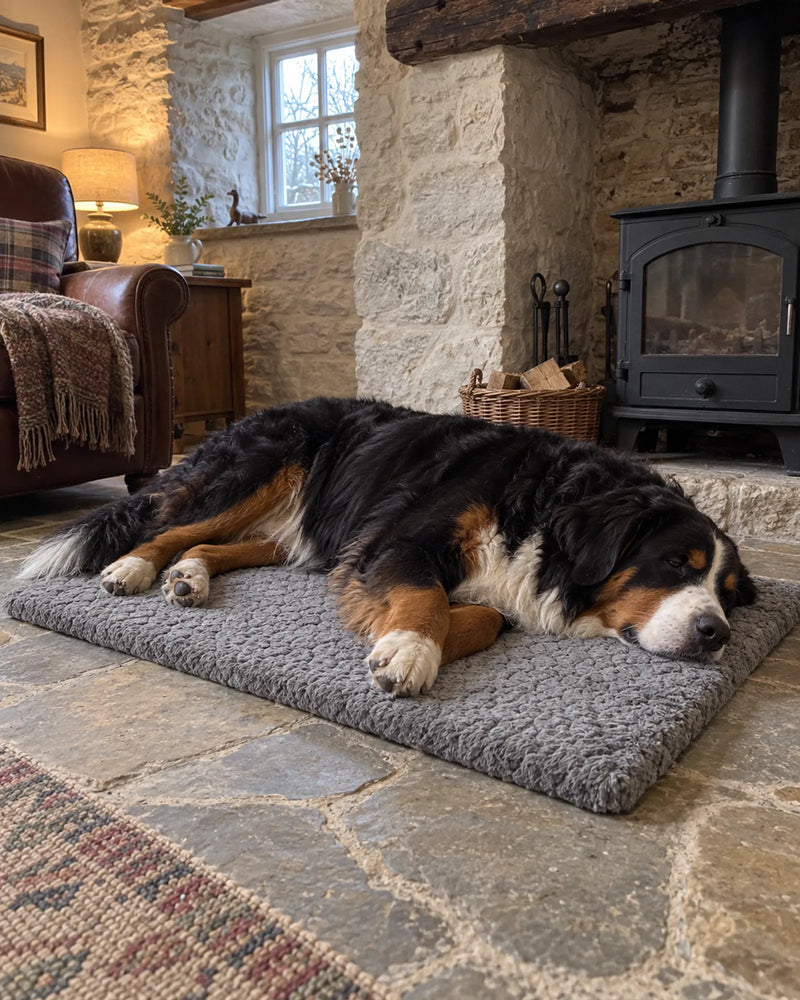 Bernese mountain dog on the mat in a cottage living room
