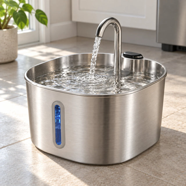 Stainless steel pet fountain with water flowing from the curved spout in a kitchen