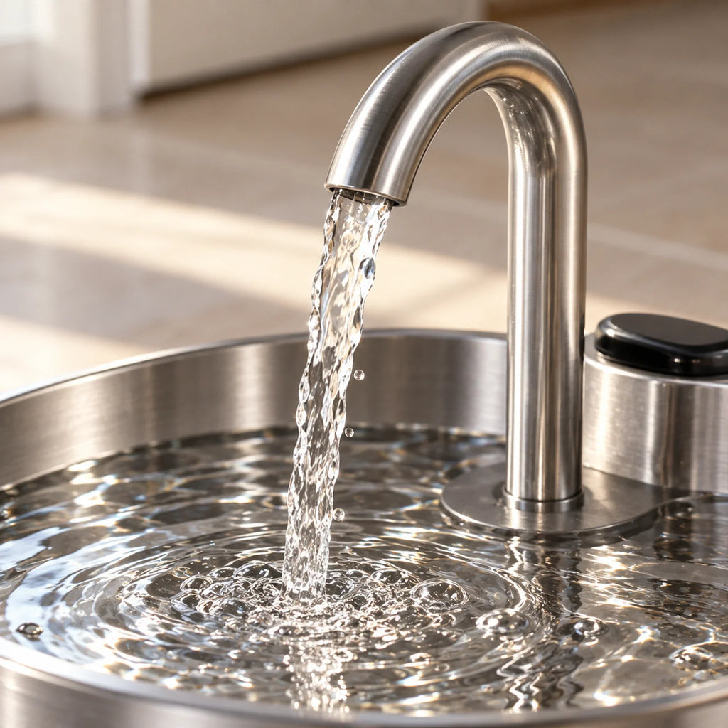 Close-up of water flowing from the curved spout into the stainless steel fountain