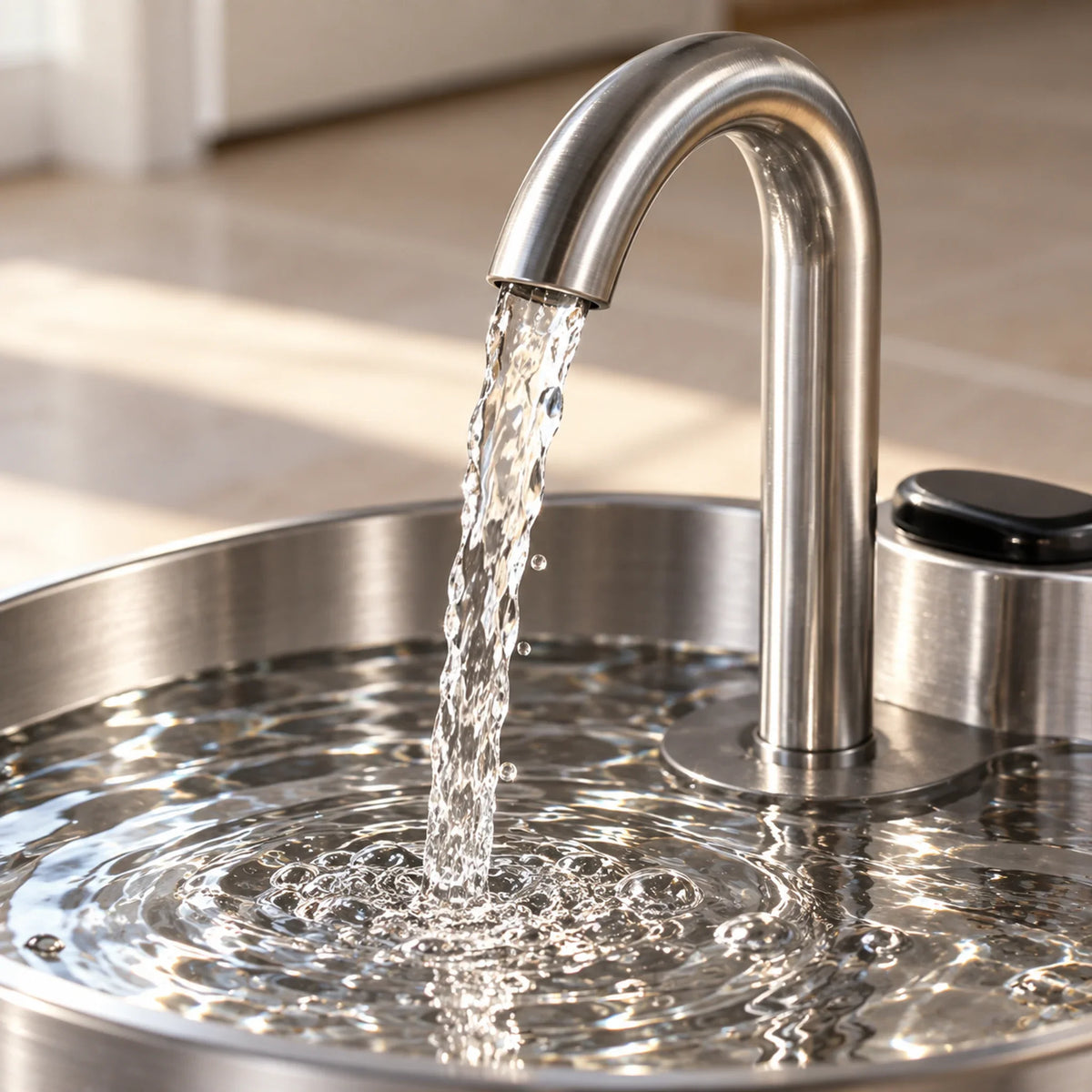 Close-up of water flowing from the curved spout into the stainless steel fountain