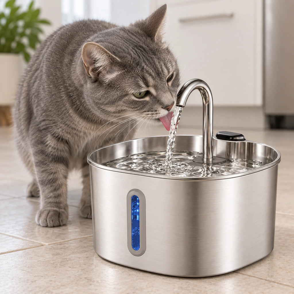 Grey tabby cat drinking from the stainless steel fountain