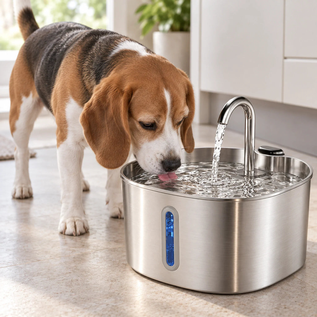 Beagle drinking from the stainless steel fountain