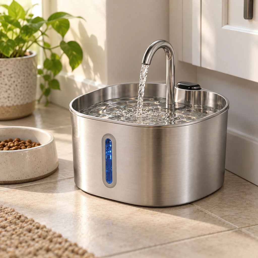 Stainless steel fountain on a kitchen floor beside a plant and a food bowl