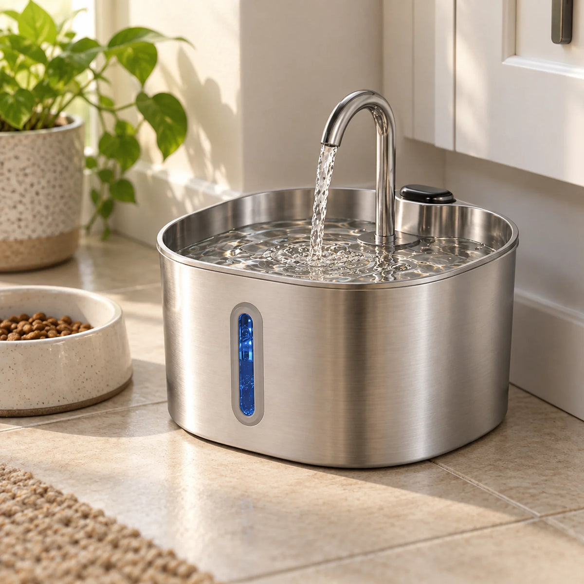 Stainless steel fountain on a kitchen floor beside a plant and a food bowl