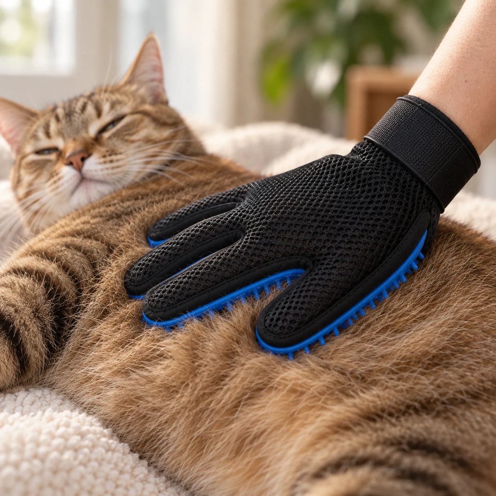 Hand wearing the blue silicone glove stroking a tabby cat's back