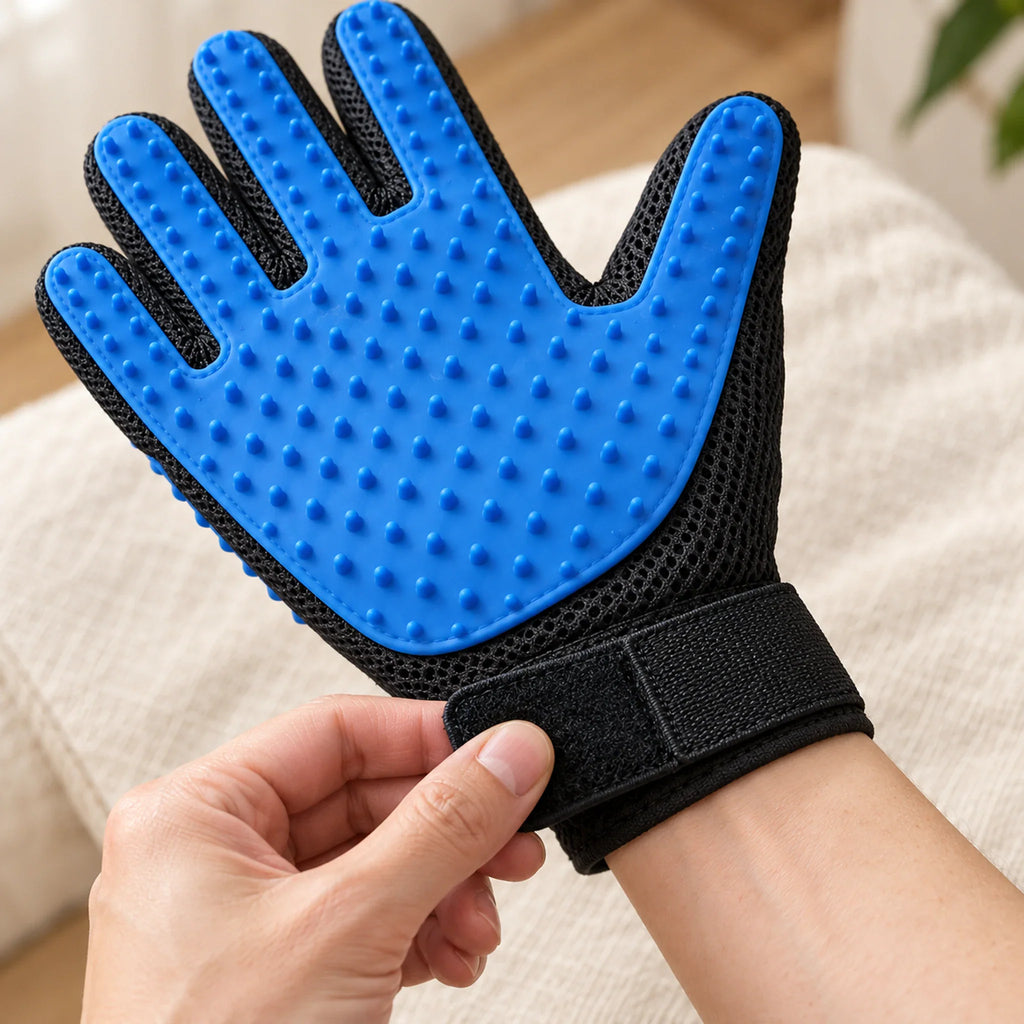 Close view of the blue silicone glove palm and fingers, held up by hand