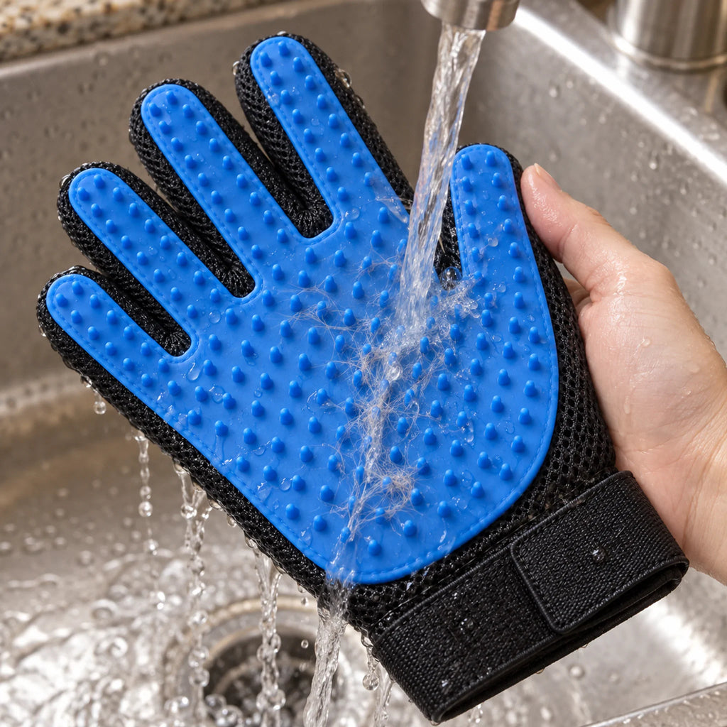 Blue silicone glove being rinsed clean under running tap water