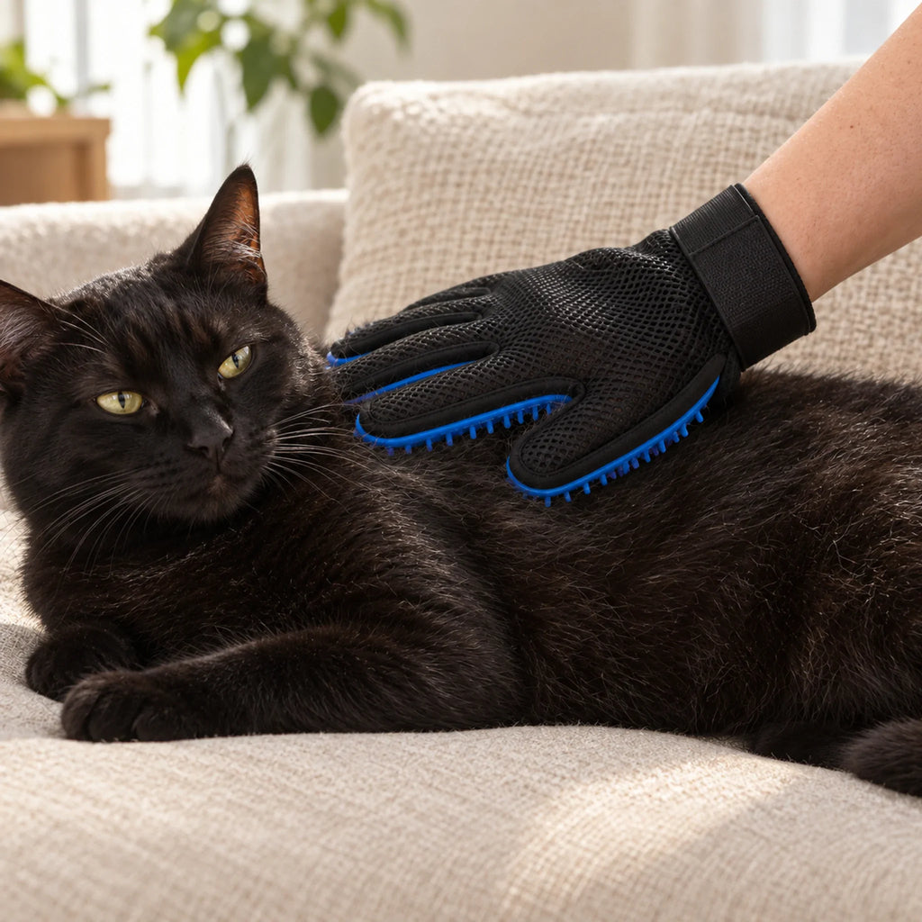 Hand wearing the blue silicone glove stroking a black cat on a sofa