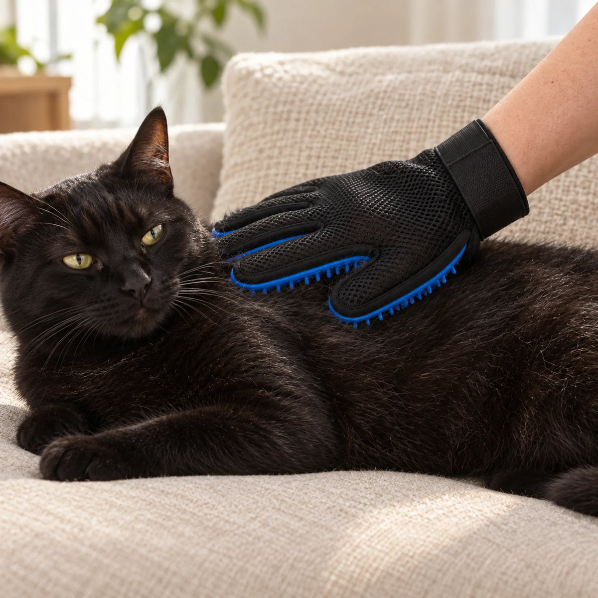 Hand wearing the blue silicone glove stroking a black cat on a sofa