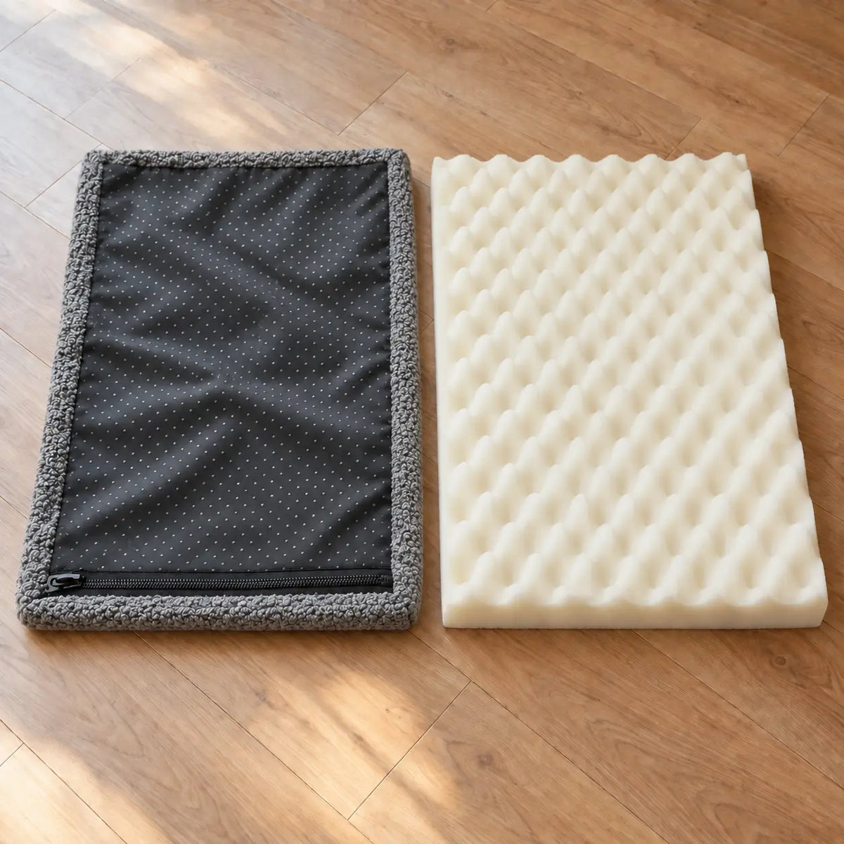 The mat's cover and foam insert laid out separately, showing the cover unzips fully off for washing